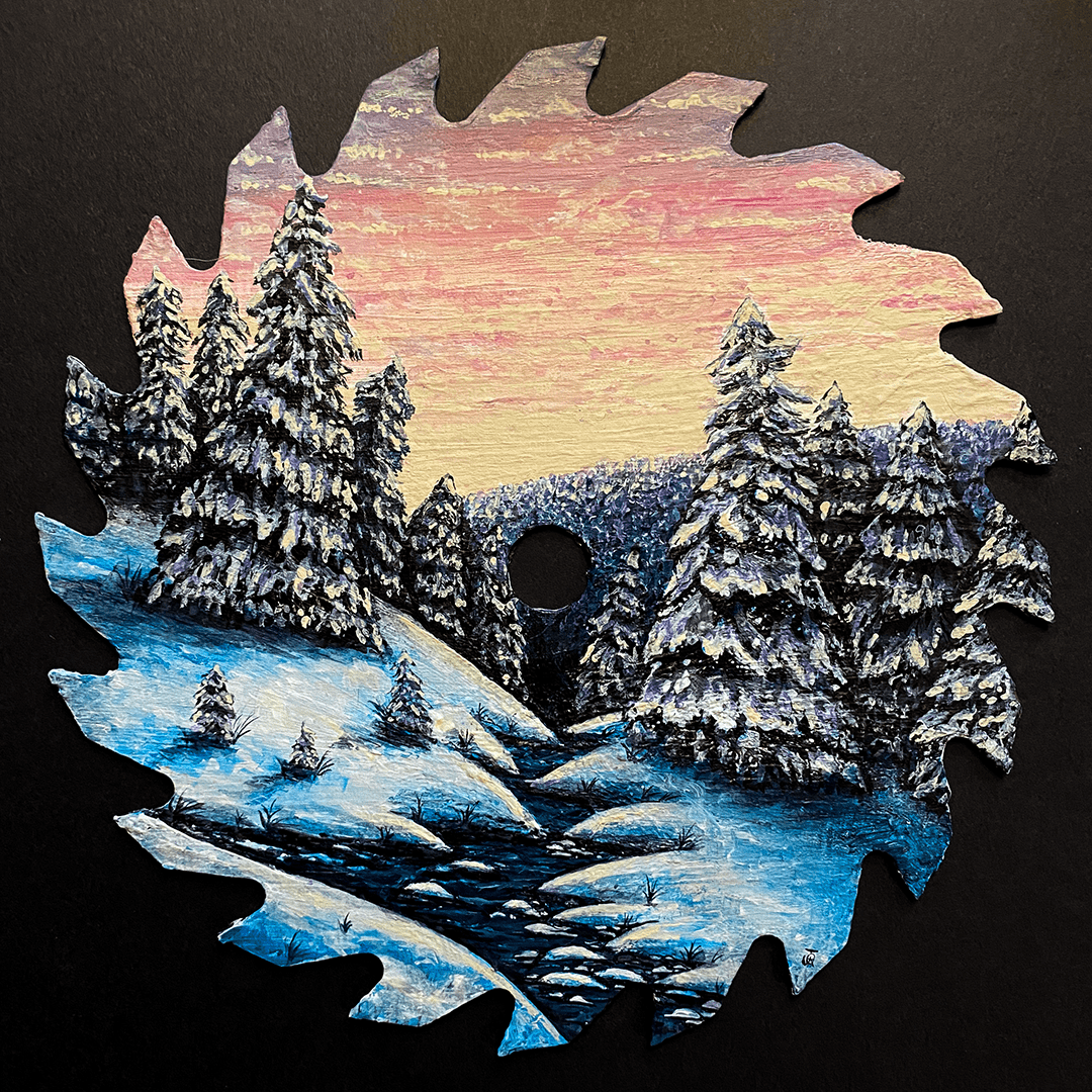 Snow Sunset Landscape Painting, done on a circular saw blade. Acrylic paint, on metal