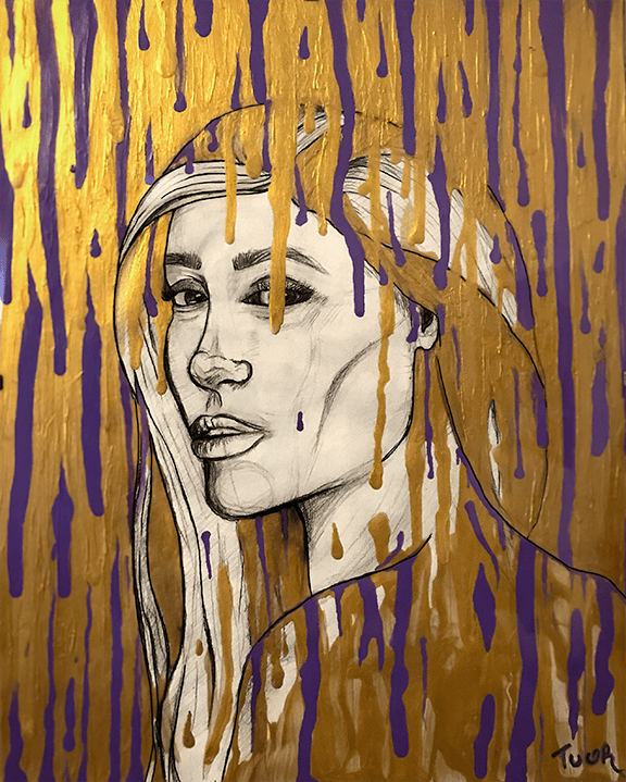 Dripping paint over female portrait. Pencil and acrylic paint.