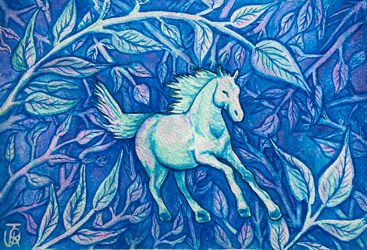 Hourse paining in vines. Water colour.